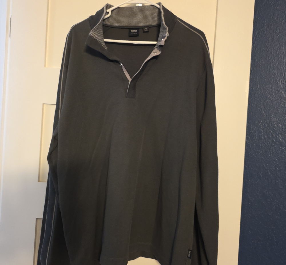 BOSS Charcoal Gray Snap-Neck Pullover with Contrast Houndstooth Collar